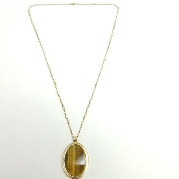 Vintage Tigers Eye Style Pendant, Oval Gold Tone Chain, Retro Estate Necklace - Picture 5 of 5